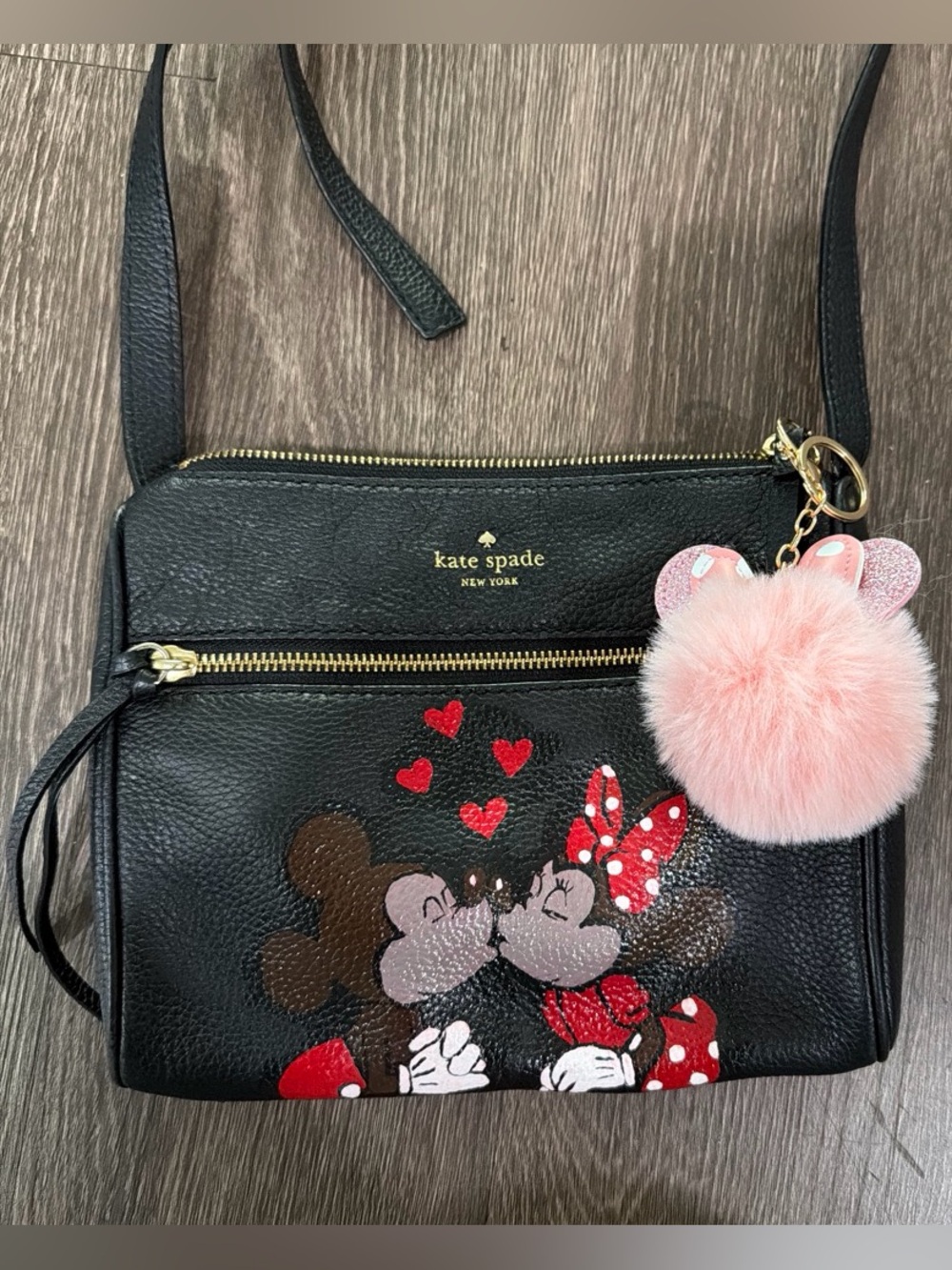 kate spade Black Leather Mickey & Minnie Kiss Crossbody with Pink Pom Charm